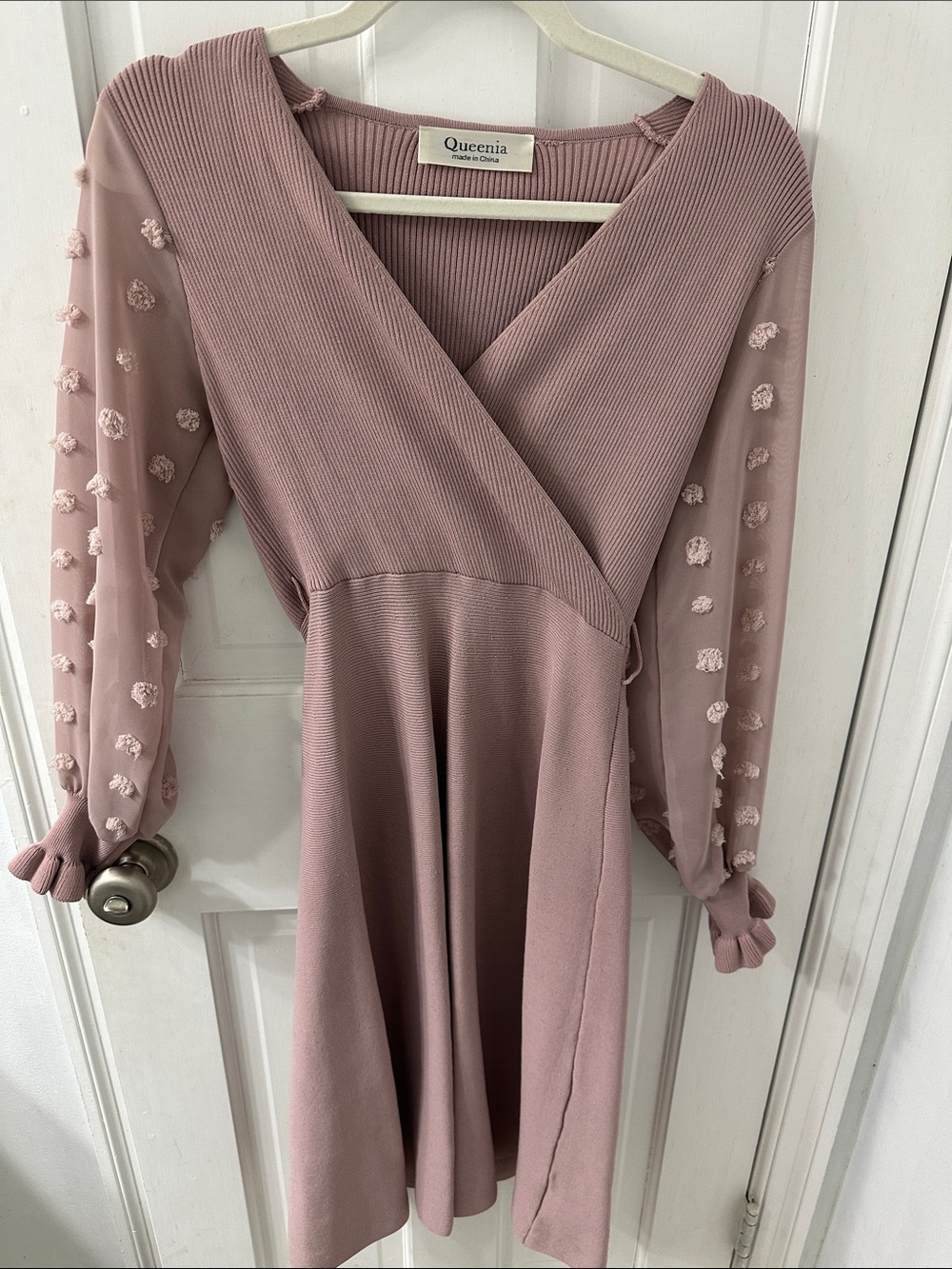 Pink Wrap Knit Dress with Sheer Pom-Pom Sleeves